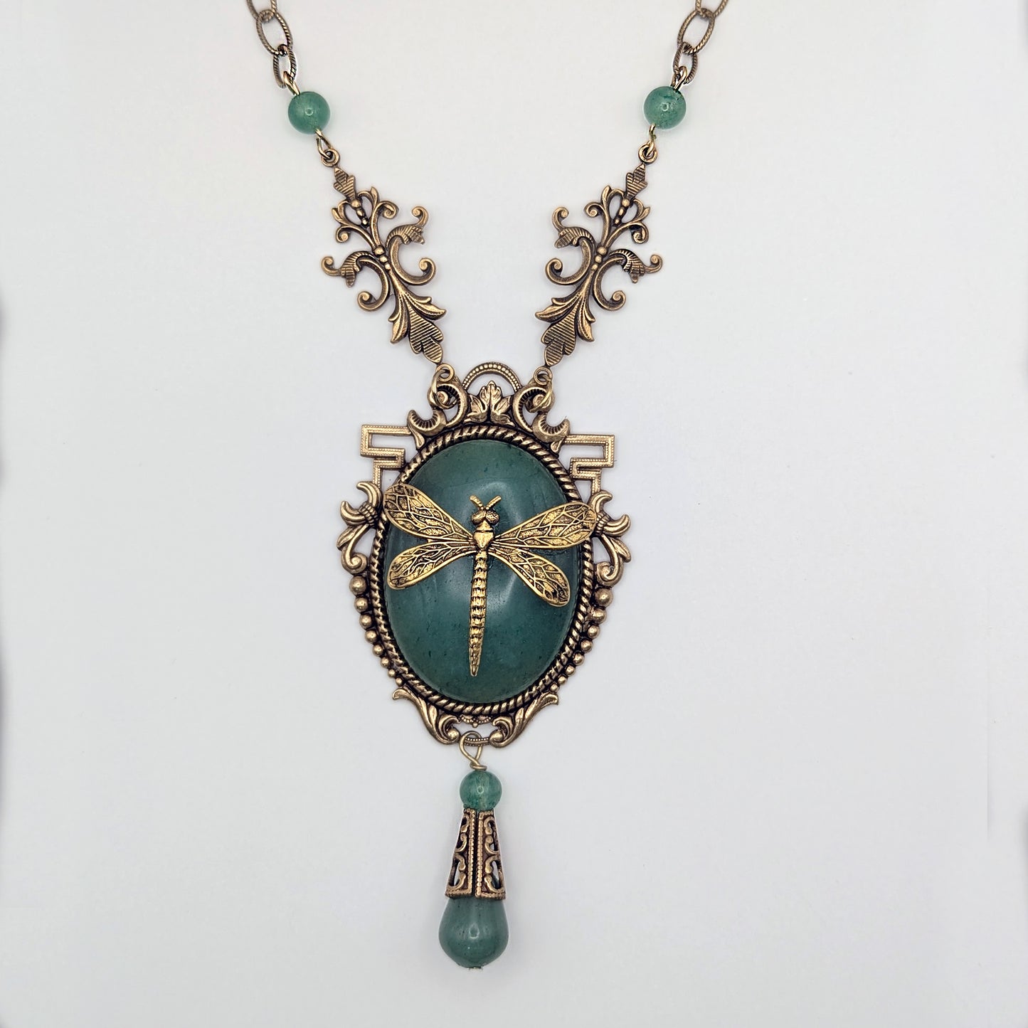 Dragonfly Pendant Necklace: 24K Gold Plated on Green Aventurine, Vintage Nature Jewelry, Optional Earrings