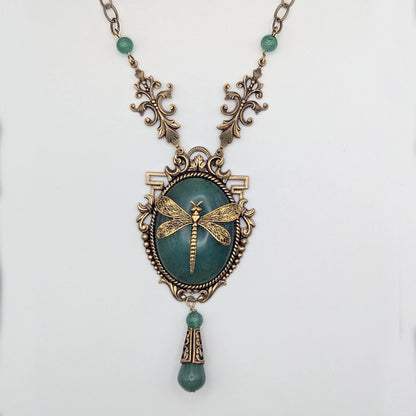 Dragonfly Pendant Necklace: 24K Gold Plated on Green Aventurine, Vintage Nature Jewelry, Optional Earrings