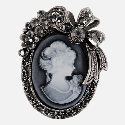 Alilang Vintage Classic Victorian Lady Gunmetal Gray Cameo Brooch with Rhinestone Floral and Bow Accents