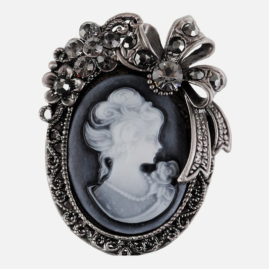 Alilang Vintage Classic Victorian Lady Gunmetal Gray Cameo Brooch with Rhinestone Floral and Bow Accents