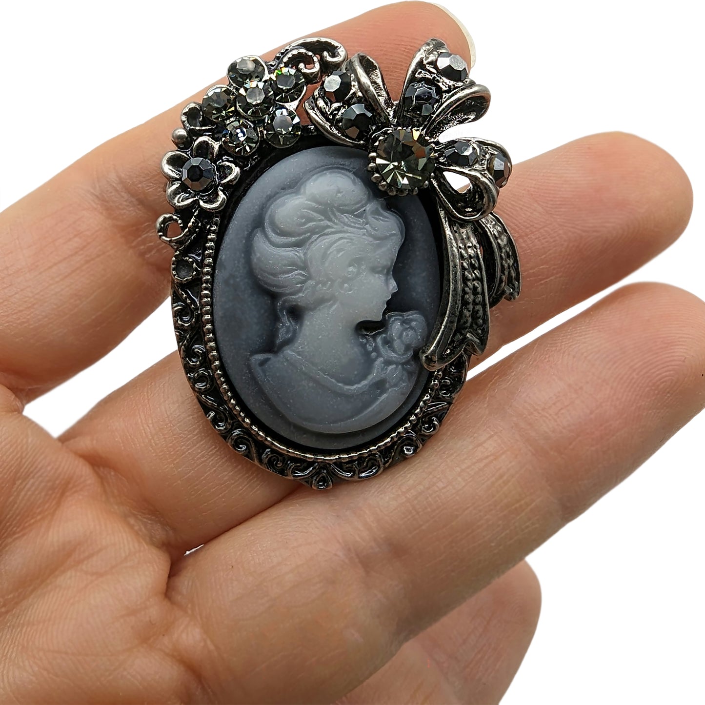Alilang Vintage Classic Victorian Lady Gunmetal Gray Cameo Brooch with Rhinestone Floral and Bow Accents