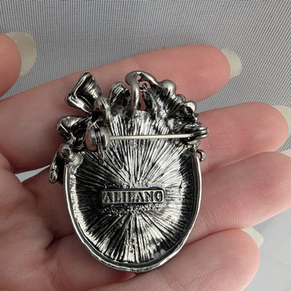 Alilang Vintage Classic Victorian Lady Gunmetal Gray Cameo Brooch with Rhinestone Floral and Bow Accents