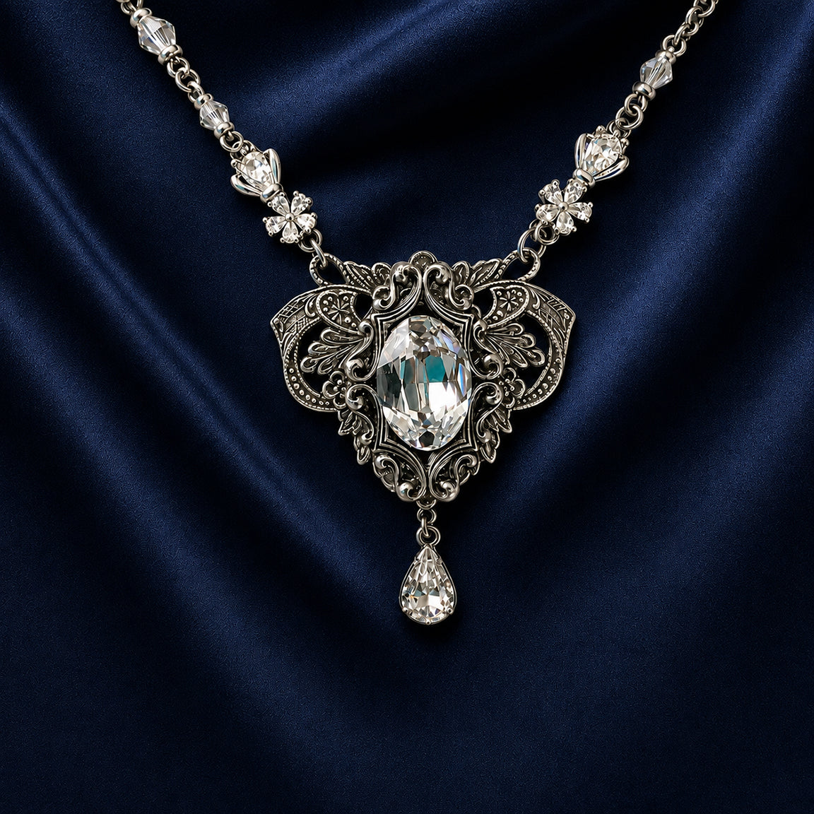 An ornate silver vintage-style necklace with a marquise-cut clear Swarovski crystal pendant and smaller clear crystals along the chain, displayed on draped dark blue satin fabric.  ELven inspired Fantasy woodland bride jewelry.