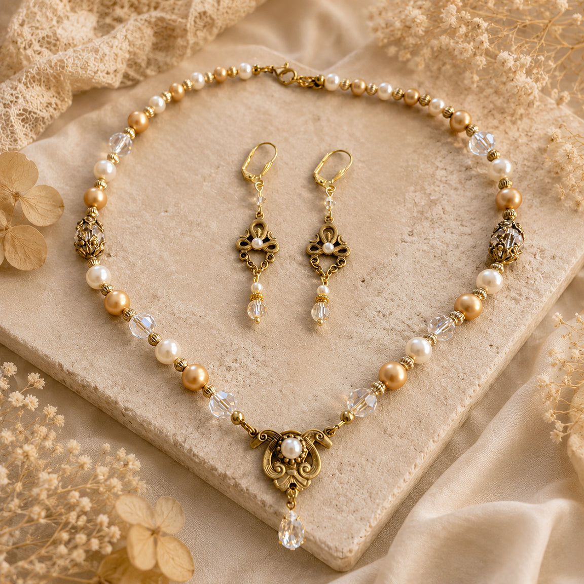Vintage bridal Swarovski Crystal, Ivory and Gold Pearl necklace jewelry set on a textured surface with dried flowers.