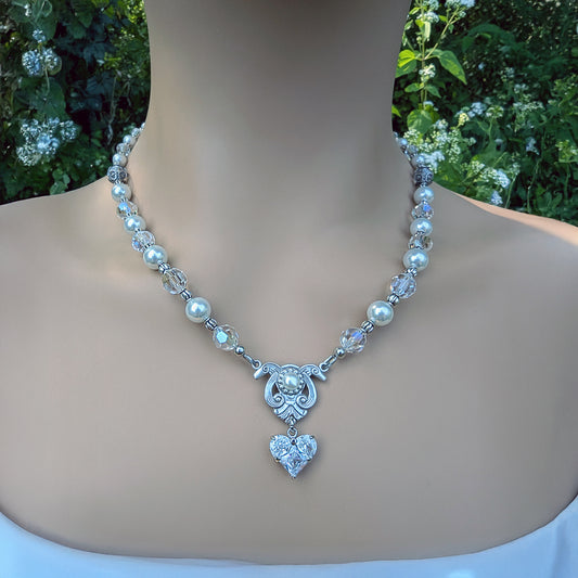 Silver Vintage Bridal Necklace - Swarovski Pearls & Crystals, CZ Heart Pendant, Victorian Wedding Jewelry