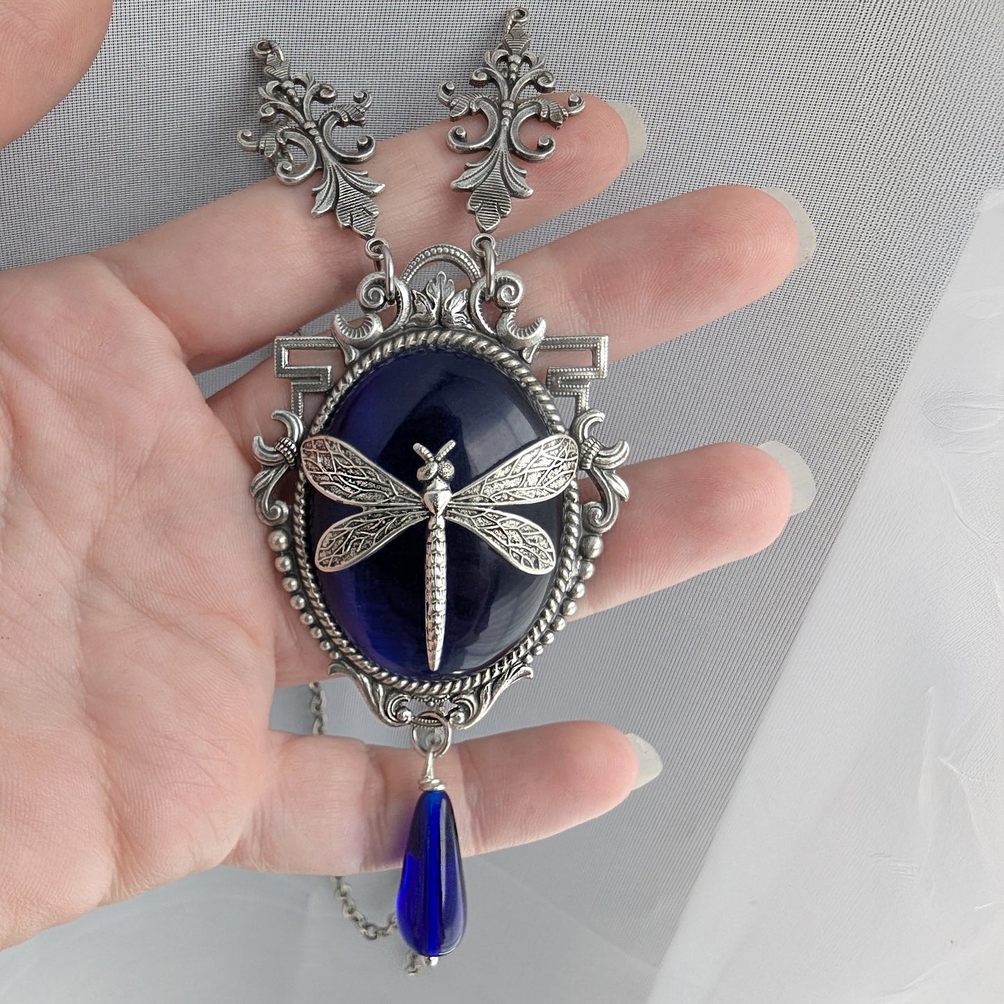 Dragonfly Pendant Necklace: Sterling Silver Plated on Blue Cats Eye, Vintage Nature Jewelry, Optional Earrings