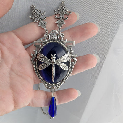 Dragonfly Pendant Necklace: Sterling Silver Plated on Blue Cats Eye, Vintage Nature Jewelry, Optional Earrings