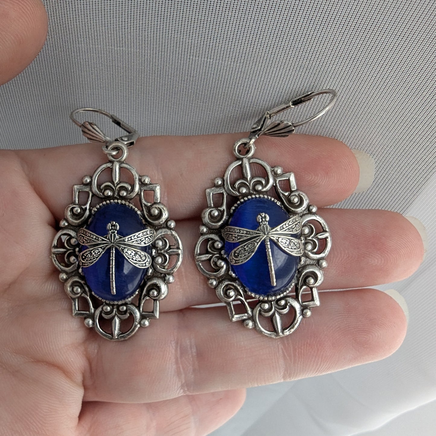Dragonfly Pendant Necklace: Sterling Silver Plated on Blue Cats Eye, Vintage Nature Jewelry, Optional Earrings