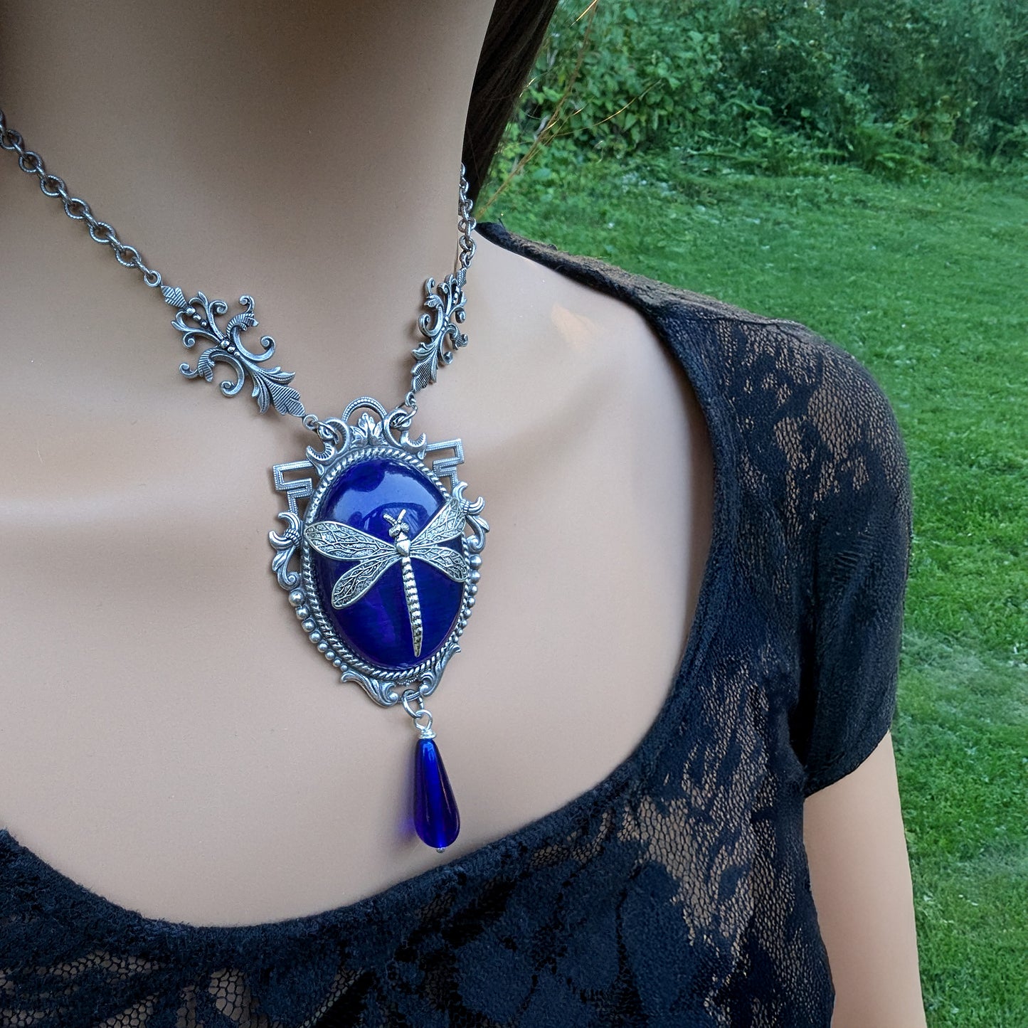 Dragonfly Pendant Necklace: Sterling Silver Plated on Blue Cats Eye, Vintage Nature Jewelry, Optional Earrings