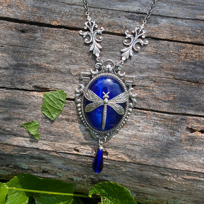 Dragonfly Pendant Necklace: Sterling Silver Plated on Blue Cats Eye, Vintage Nature Jewelry, Optional Earrings