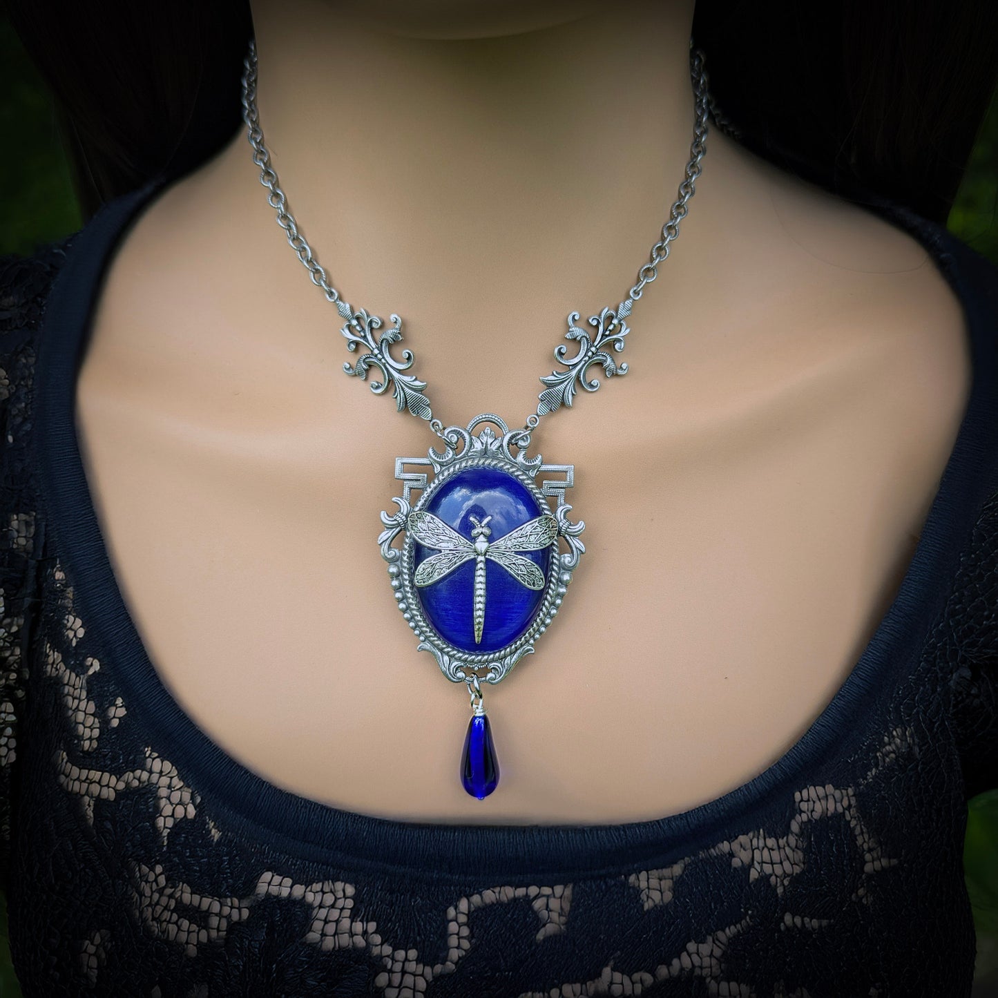 Dragonfly Pendant Necklace: Sterling Silver Plated on Blue Cats Eye, Vintage Nature Jewelry, Optional Earrings