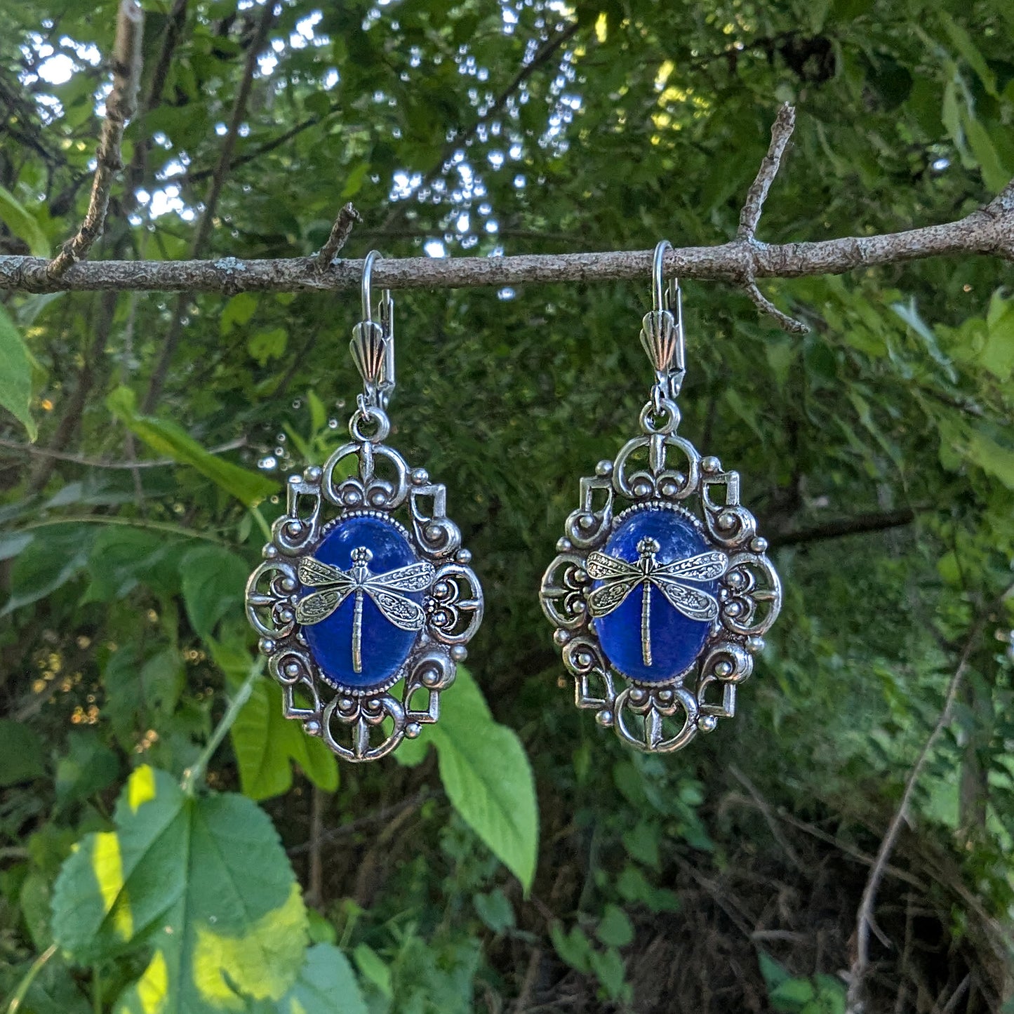 Dragonfly Pendant Necklace: Sterling Silver Plated on Blue Cats Eye, Vintage Nature Jewelry, Optional Earrings