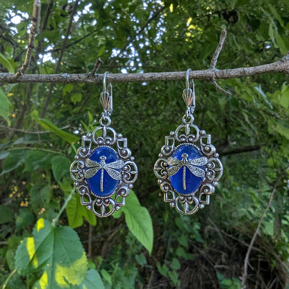 Dragonfly Pendant Necklace: Sterling Silver Plated on Blue Cats Eye, Vintage Nature Jewelry, Optional Earrings