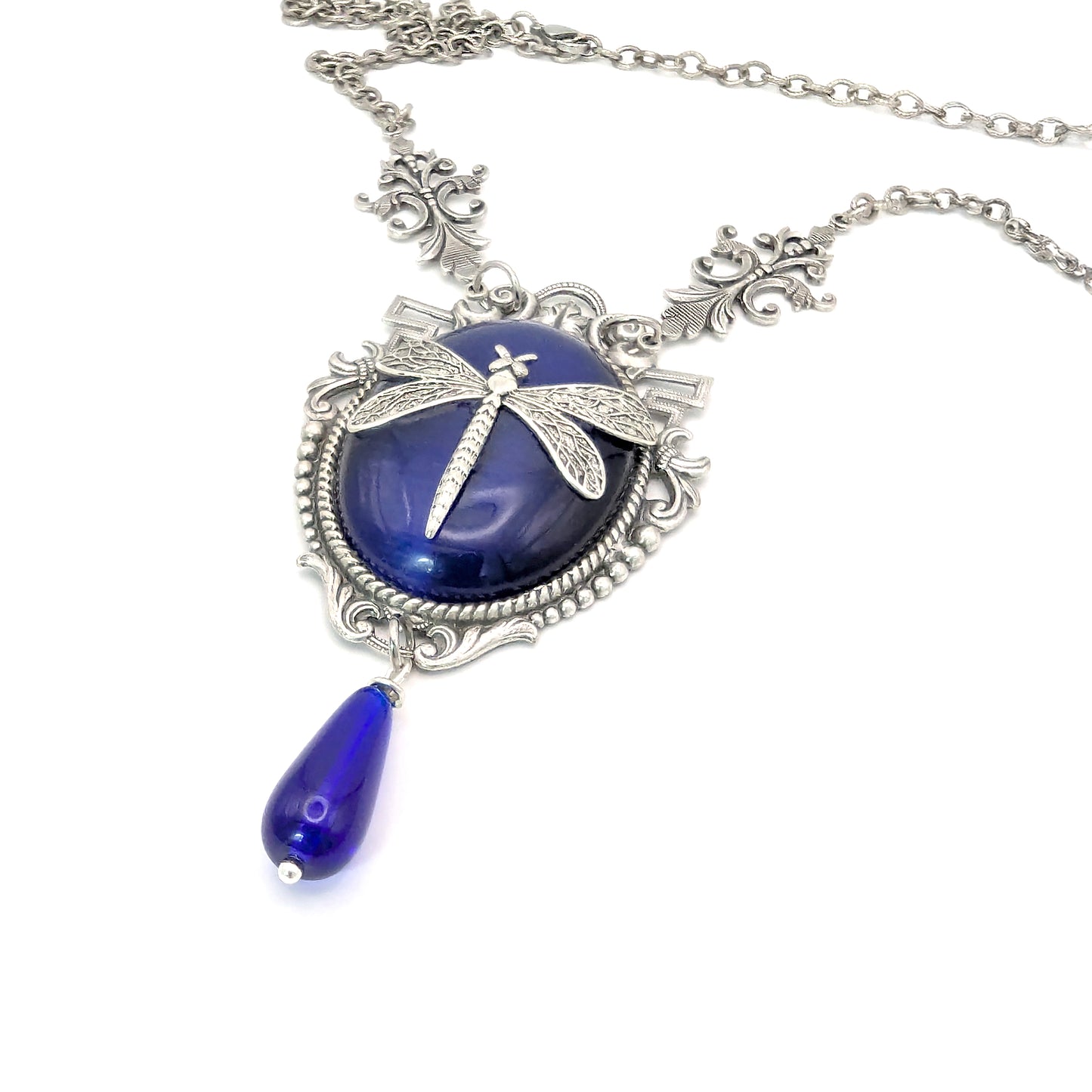 Dragonfly Pendant Necklace: Sterling Silver Plated on Blue Cats Eye, Vintage Nature Jewelry, Optional Earrings