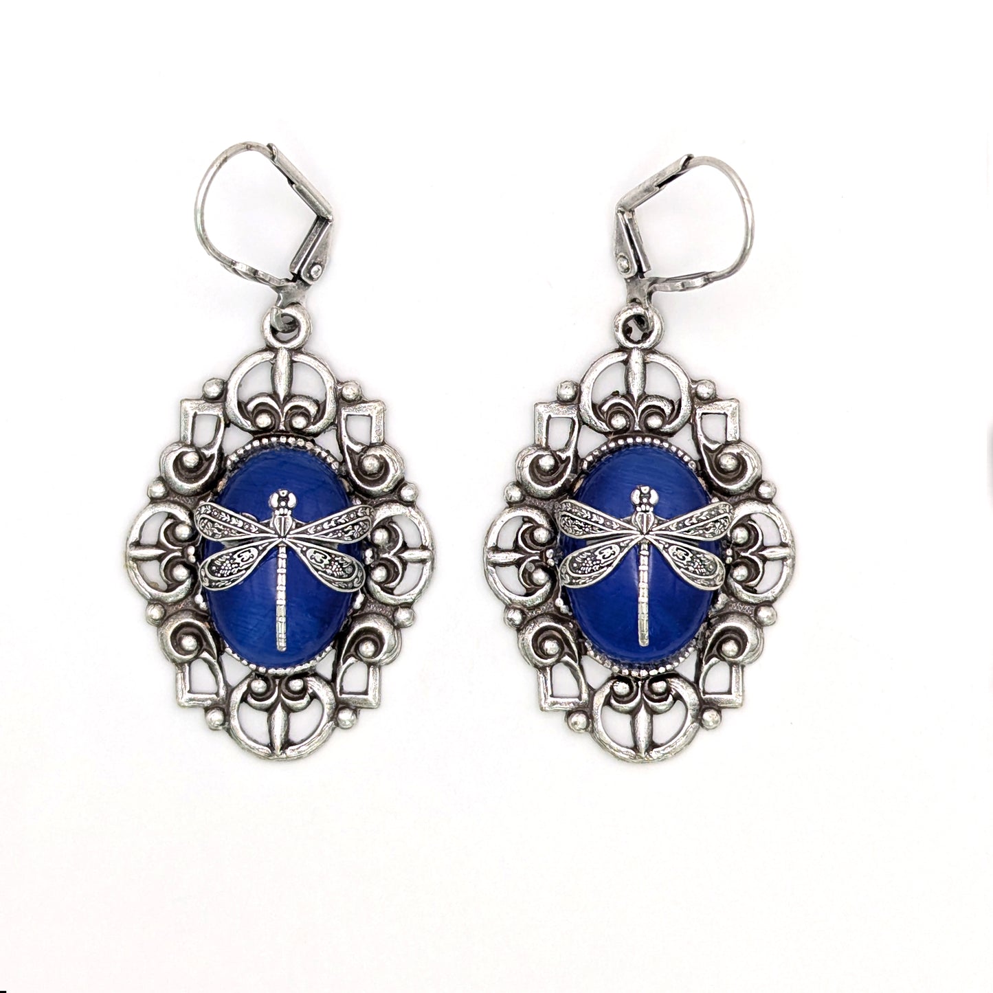Dragonfly Pendant Necklace: Sterling Silver Plated on Blue Cats Eye, Vintage Nature Jewelry, Optional Earrings