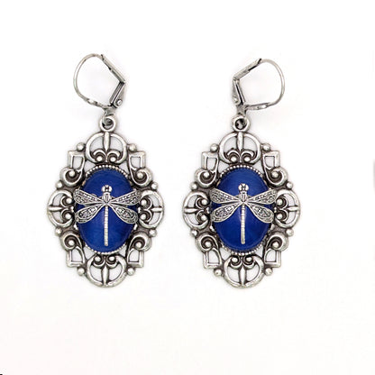 Dragonfly Pendant Necklace: Sterling Silver Plated on Blue Cats Eye, Vintage Nature Jewelry, Optional Earrings