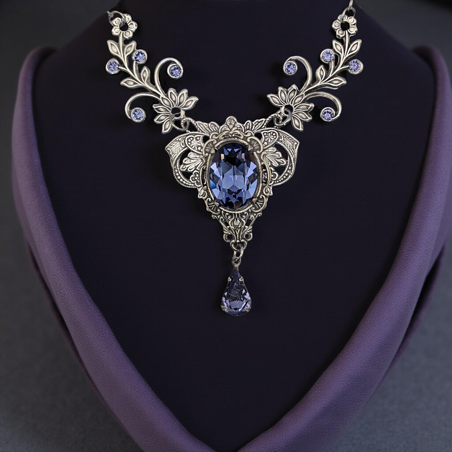 Vintage Sterling Silver Tanzanite Crystal Necklace made with Swarovski Crystals, Elven Jewelry, Eloquent formal jewelry, Bridal Jewelry