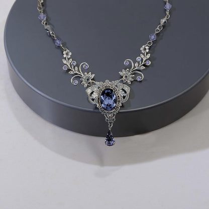 Vintage Sterling Silver Tanzanite Crystal Necklace made with Swarovski Crystals, Elven Jewelry, Eloquent formal jewelry, Bridal Jewelry