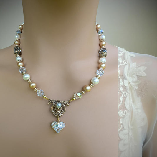 vintage Pearl and crystal necklace on a bride with a blurred background