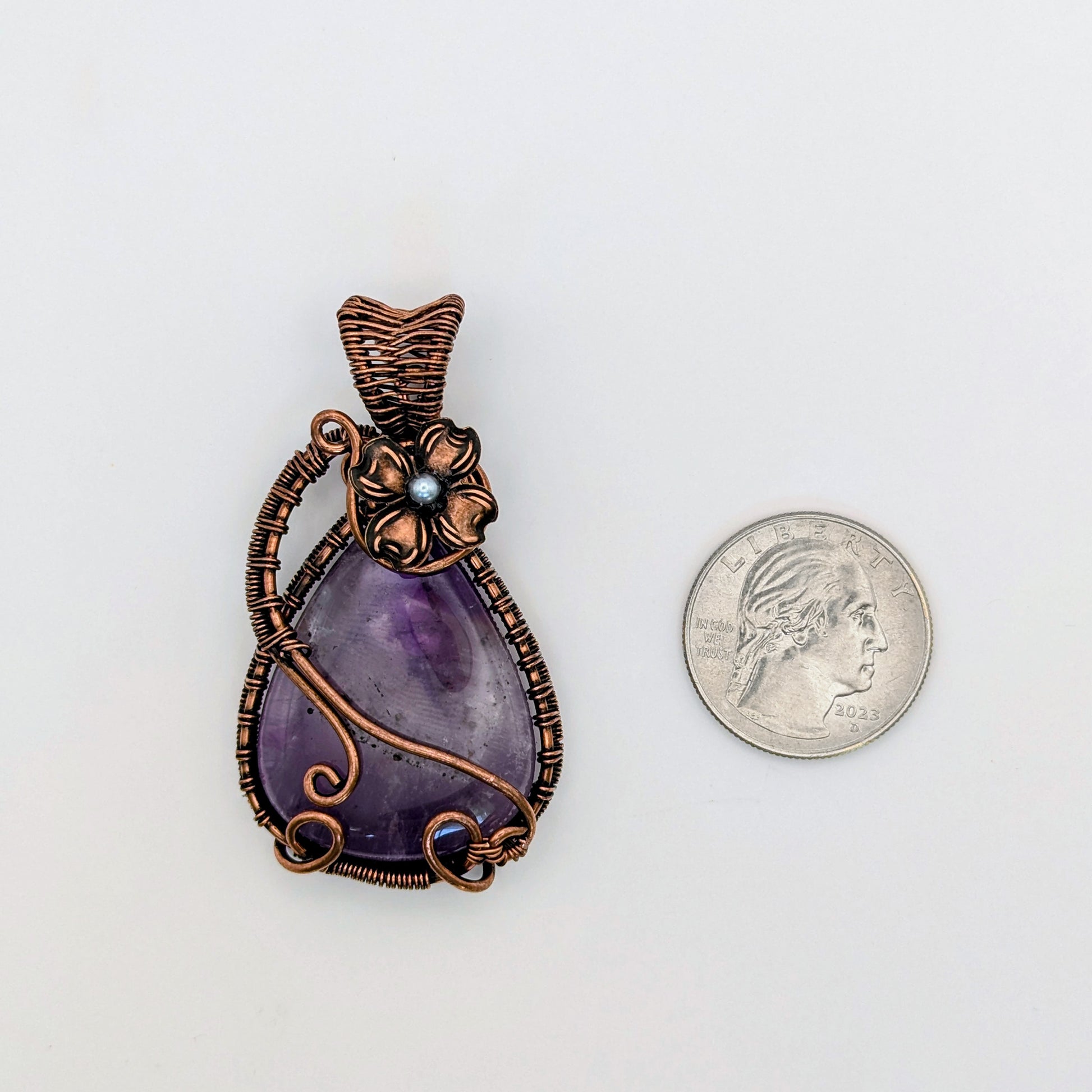 Wire Wrapped Amethyst Pendant Necklace with Flower Accent, Handcrafted Jewelry
