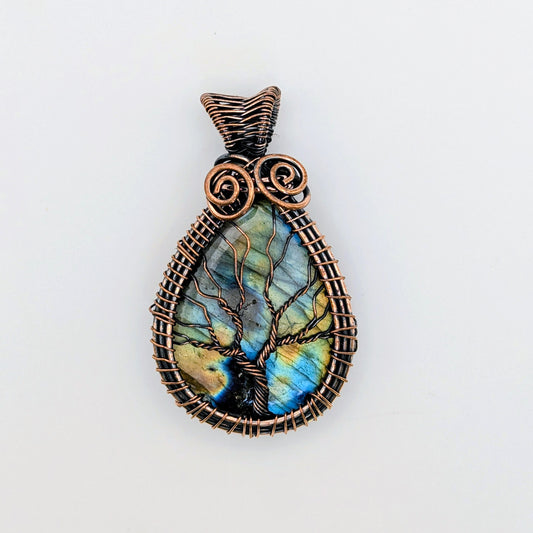 Wire Wrapped Labradorite Moonstone Pendant Necklace with Tree of Life Design