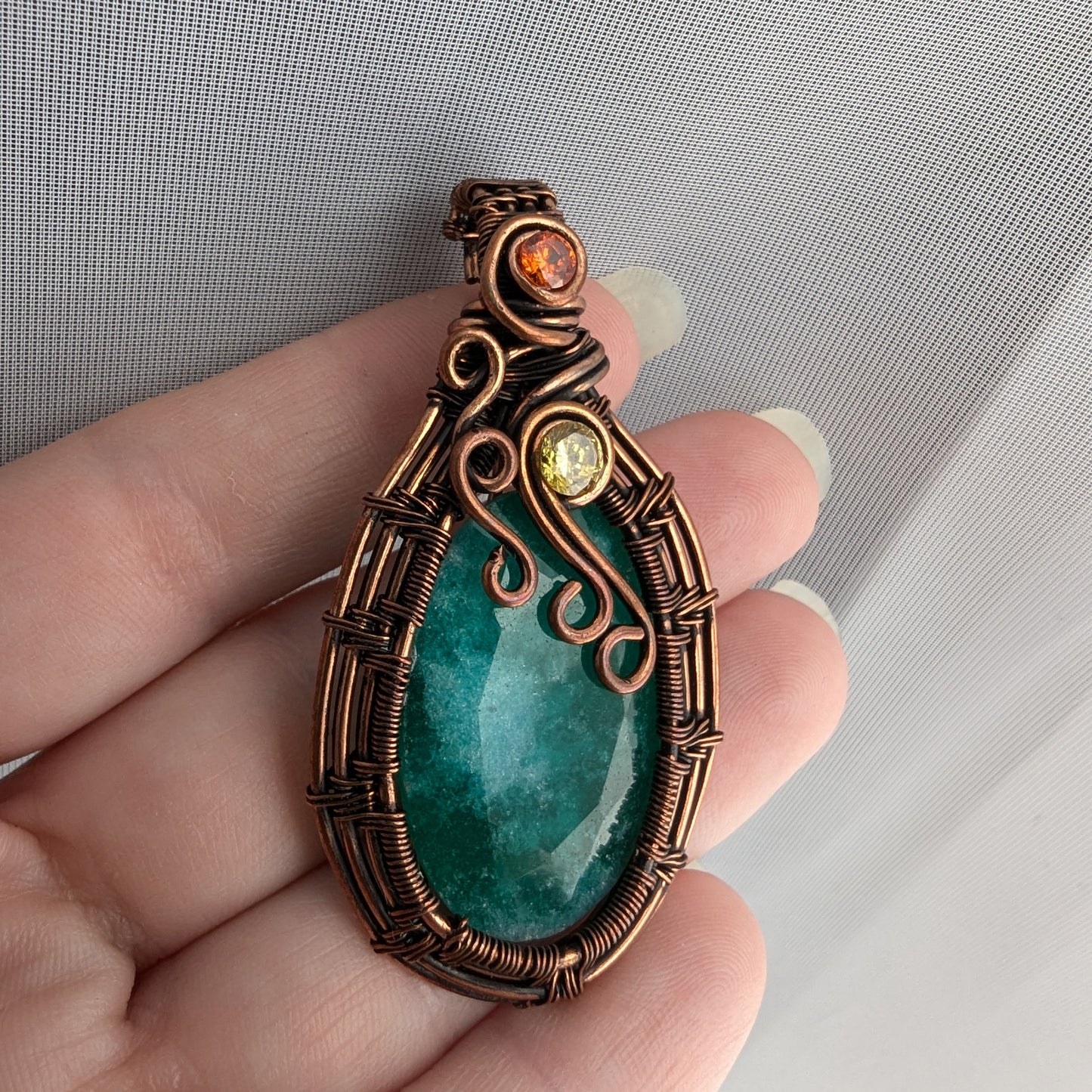 Faceted Emerald Green Beryl Wire Wrapped Agate Stone Pendant with CZ crystal accents, Wire Wrapped Jewelry