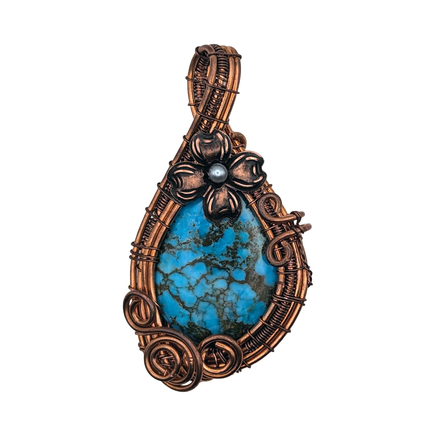 Natural Turquoise Copper Wire Wrapped Stone Pendant Necklace with Accent Flower, Turquoise Jewelry