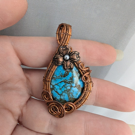 Natural Turquoise Copper Wire Wrapped Stone Pendant Necklace with Accent Flower, Turquoise Jewelry