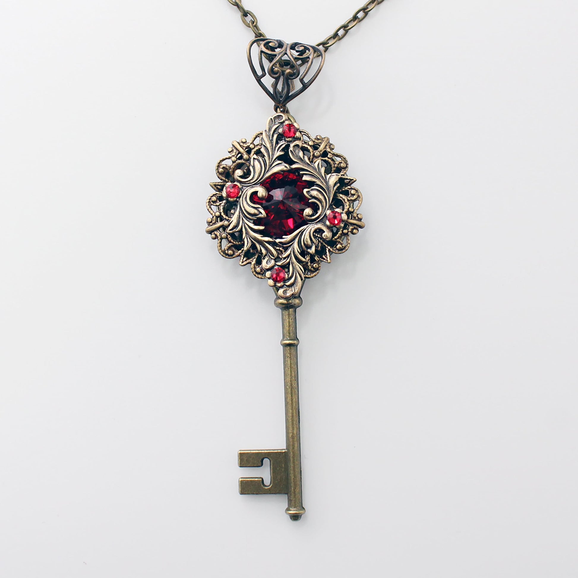 Vintage Fairycore Key Necklace with Red Swarovski Crystal – Gothic Fantasy Jewelry