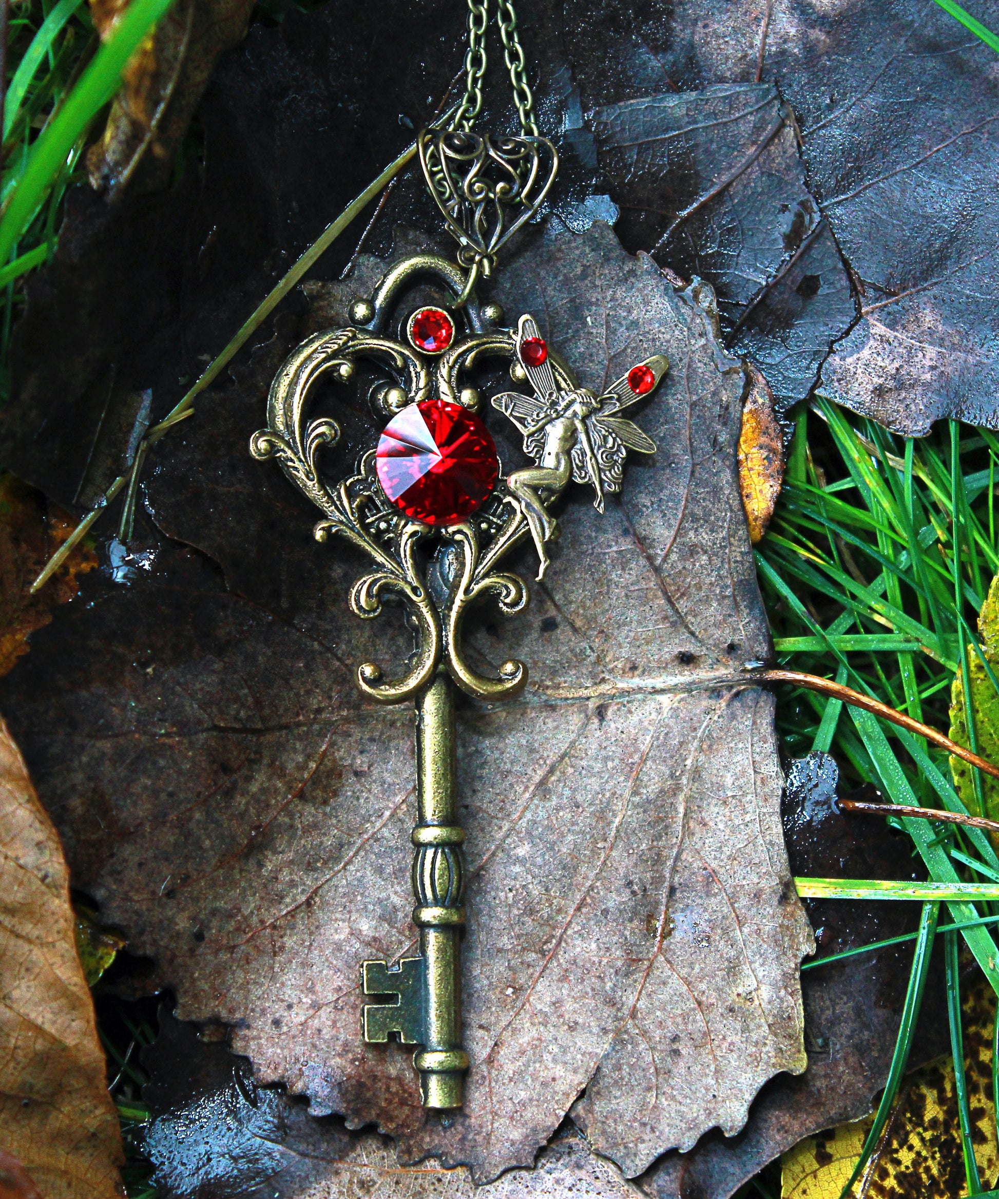 Fantasy Fairy Key Necklace with Red Swarovski Crystal – Fairycore Jewelry