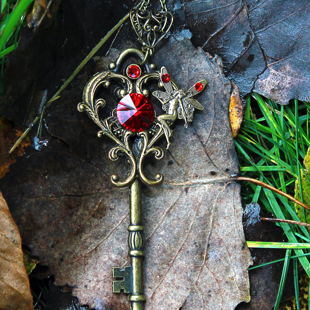 Fantasy Fairy Key Necklace with Red Swarovski Crystals Fantasy Jewelr
