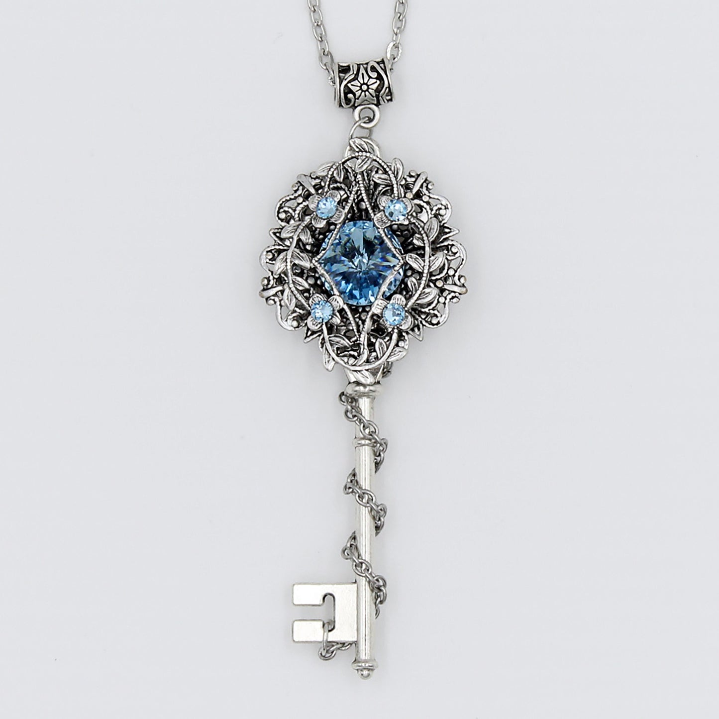 Sterling Silver Aquamarine Elven Floral Fantasy Key Necklace made with Swarovski crystals, Fantasy Jewelry, Magical Jewelry