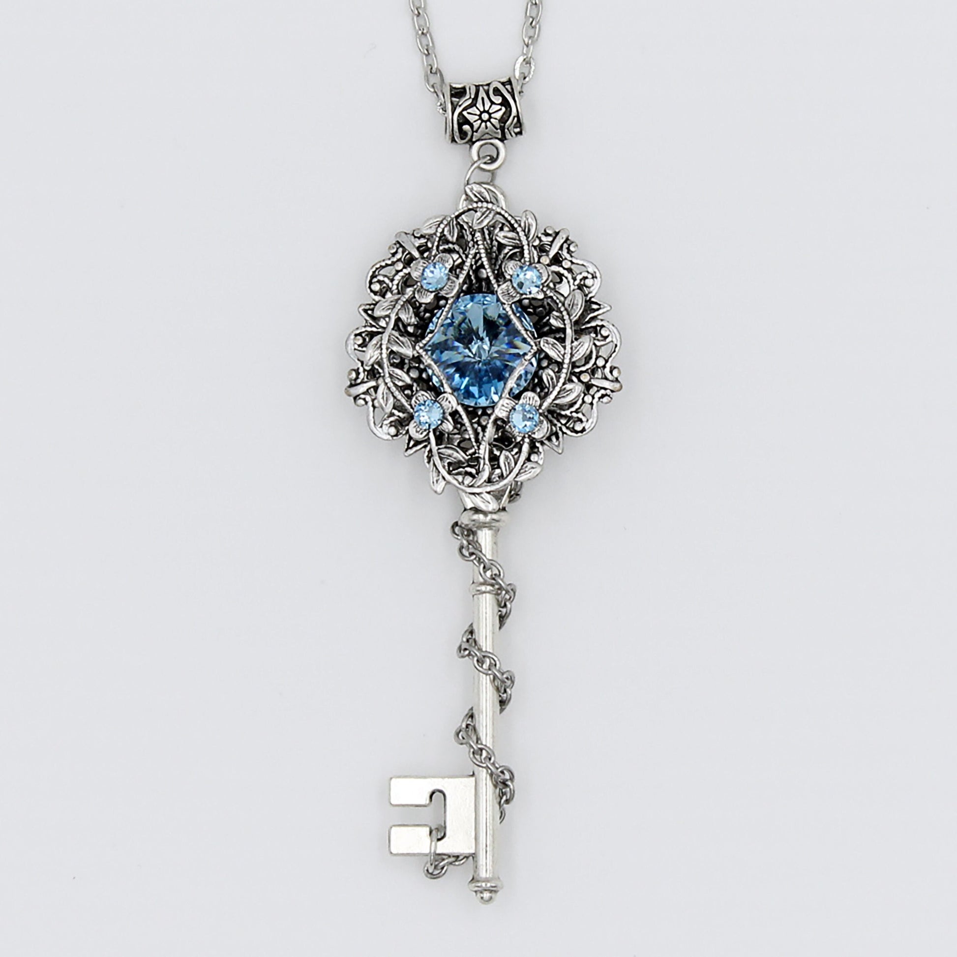 Sterling Silver Aquamarine Elven Floral Fantasy Key Necklace made with Swarovski crystals, Fantasy Jewelry, Magical Jewelry