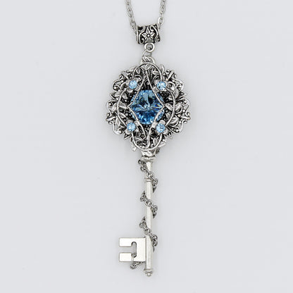 Sterling Silver Aquamarine Elven Floral Fantasy Key Necklace made with Swarovski crystals, Fantasy Jewelry, Magical Jewelry