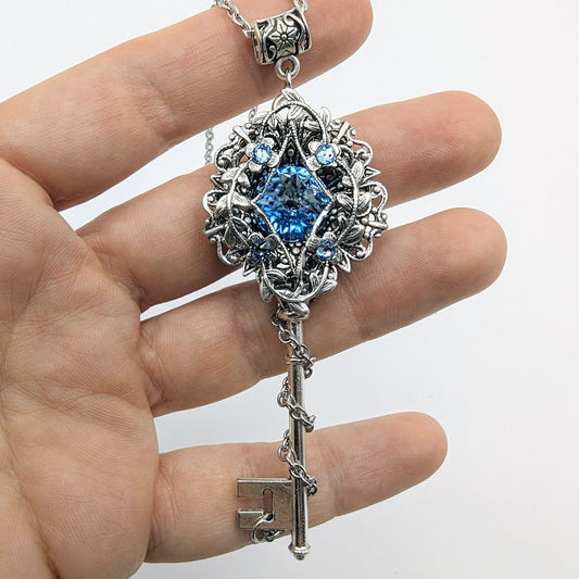Sterling Silver Aquamarine Elven Floral Fantasy Key Necklace made with Swarovski crystals, Fantasy Jewelry, Magical Jewelry