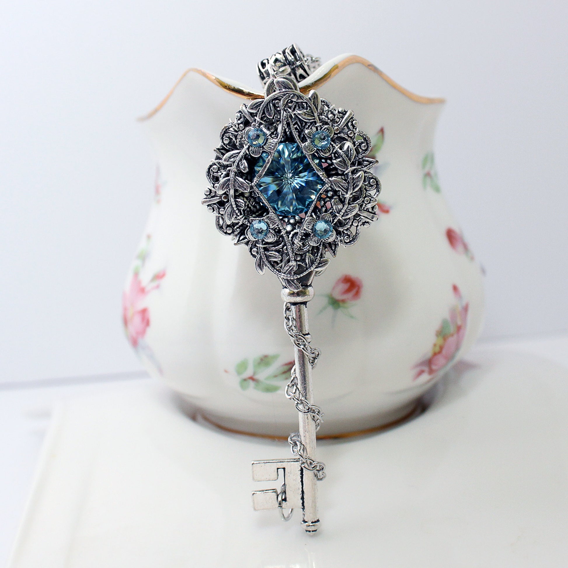 Sterling Silver Aquamarine Elven Floral Fantasy Key Necklace made with Swarovski crystals, Fantasy Jewelry, Magical Jewelry