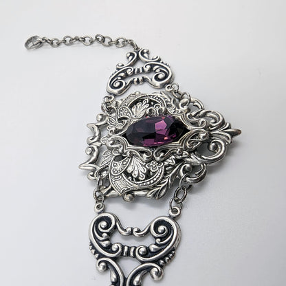 Gothic Sterling Silver Amethyst Fantasy Bracelet.  Vintage Amethyst bracelet.