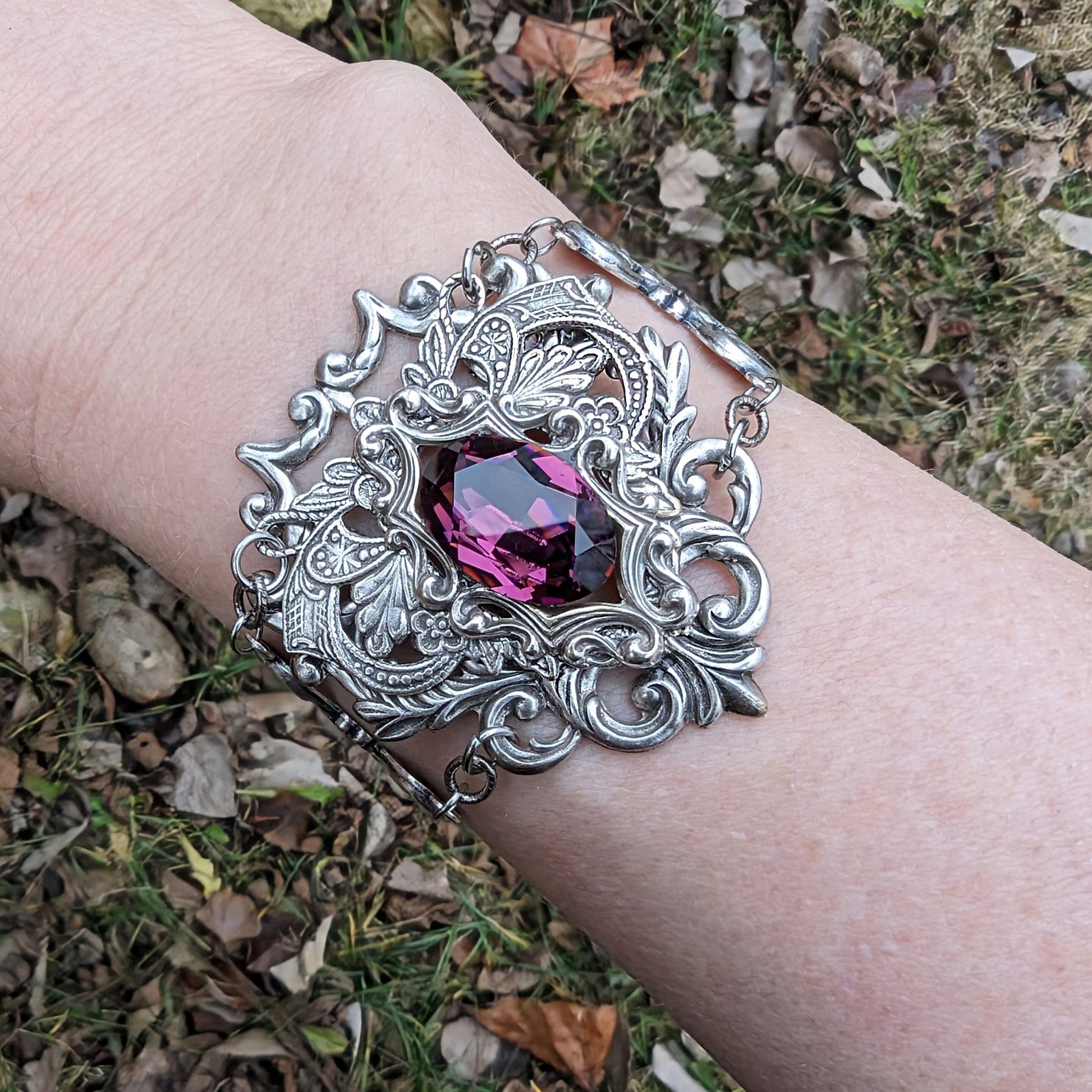 Gothic Sterling Silver Amethyst Fantasy Bracelet.  Vintage Amethyst bracelet.