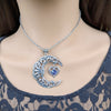 Large Vintage Sterling Silver Crescent Moon Statement Necklace with Sapphire Swarovski Crystal on Heart, Vintage Jewelry