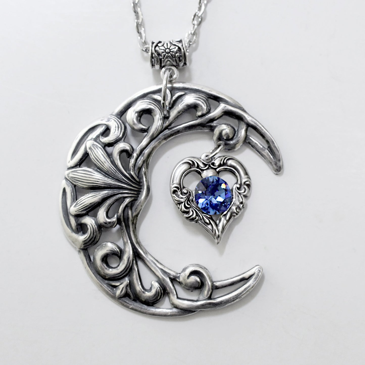 Large Vintage Sterling Silver Crescent Moon Statement Necklace with Sapphire Swarovski Crystal on Heart, Vintage Jewelry