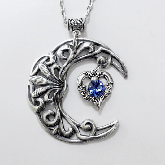 Large Vintage Sterling Silver Crescent Moon Statement Necklace with Sapphire Swarovski Crystal on Heart, Vintage Jewelry