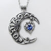 Large Vintage Sterling Silver Crescent Moon Statement Necklace with Sapphire Swarovski Crystal on Heart, Vintage Jewelry