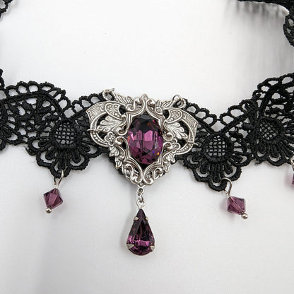 Vintage Amethyst Choker Necklace made with Swarovski Crystals, Gothic Jewelry, Dark Fantasy Necklace