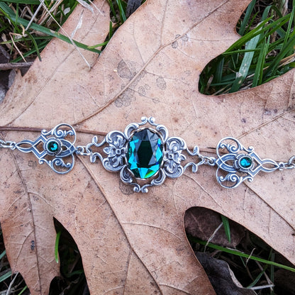 Vintage Bracelet in Brass or Sterling Silver with Emerald Swarovski Crystals, Vintage Jewelry