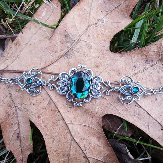 Vintage Bracelet in Brass or Sterling Silver with Emerald Swarovski Crystals, Vintage Jewelry