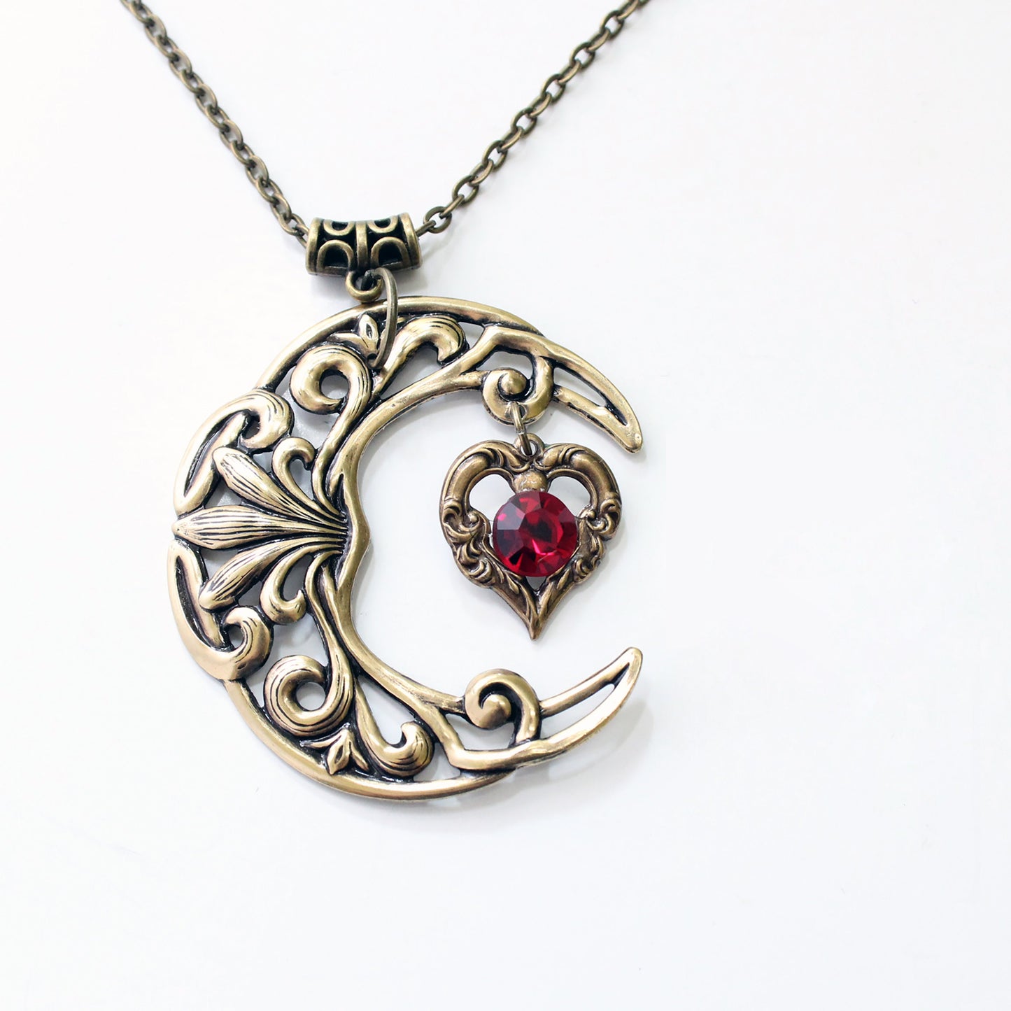 Vintage Brass Crescent Moon Pendant Necklace with Red Swarovski Crystal on Heart