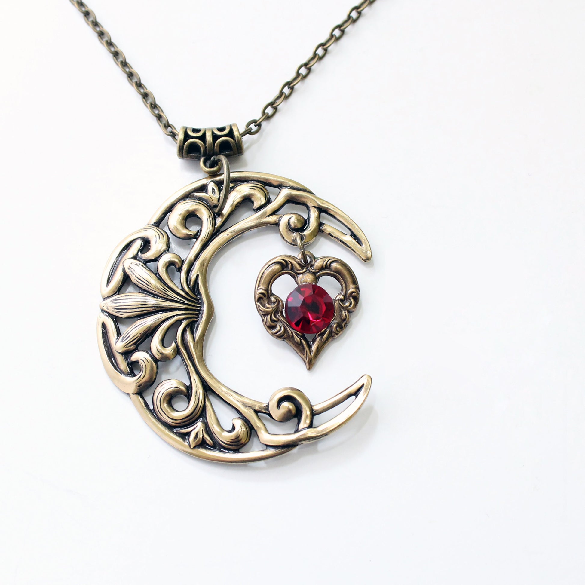 Vintage Brass Crescent Moon Pendant Necklace with Red Swarovski Crystal on Heart