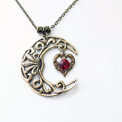 Vintage Brass Crescent Moon Pendant Necklace with Red Swarovski Crystal on Heart