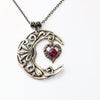 Vintage Brass Crescent Moon Pendant Necklace with Red Swarovski Crystal on Heart