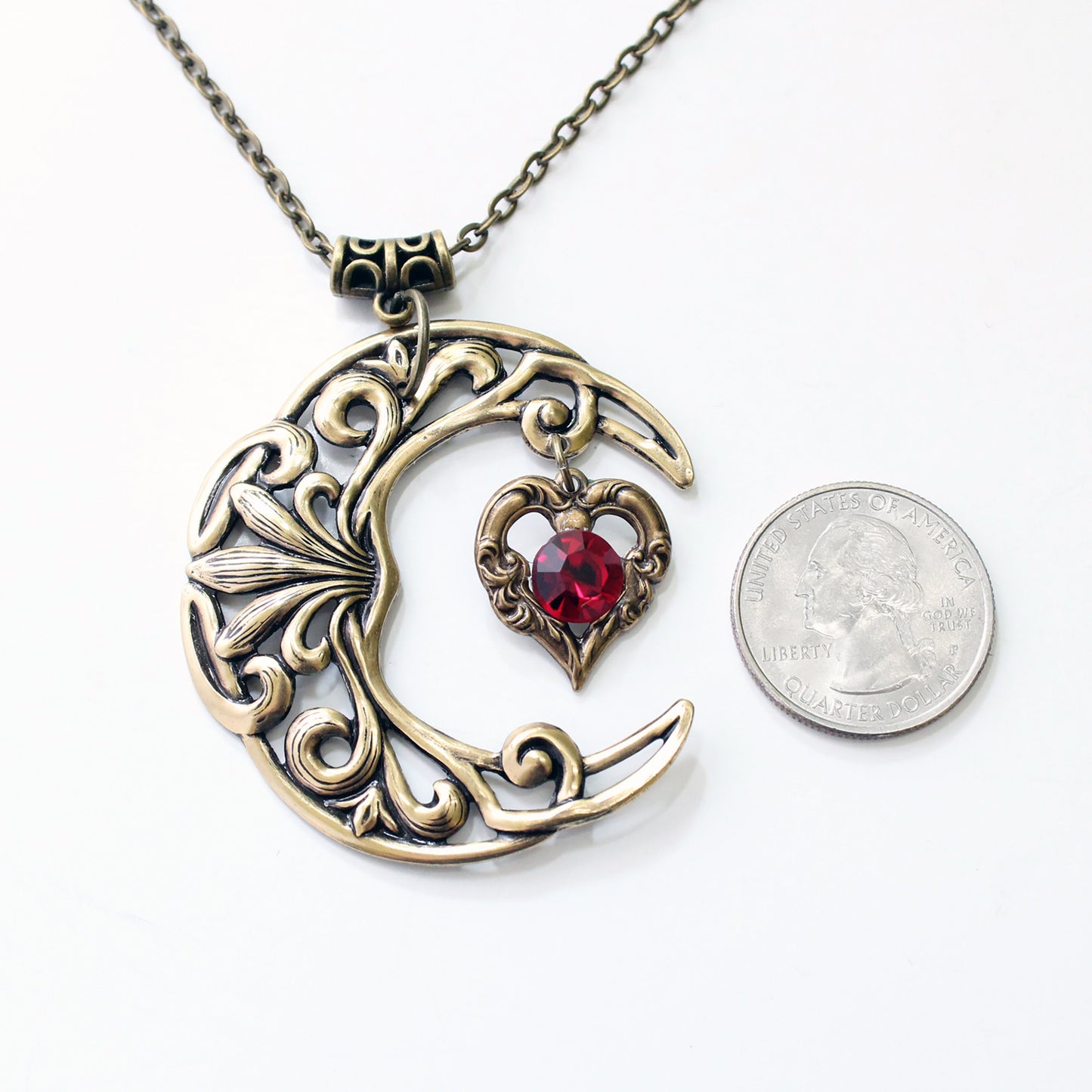 Vintage Brass Crescent Moon Pendant Necklace with Red Swarovski Crystal on Heart
